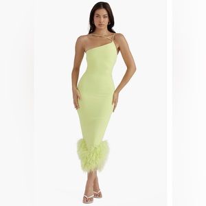 HOUSE of CB Dress Alesia Asymmetric Feather Trim Midi  Dress